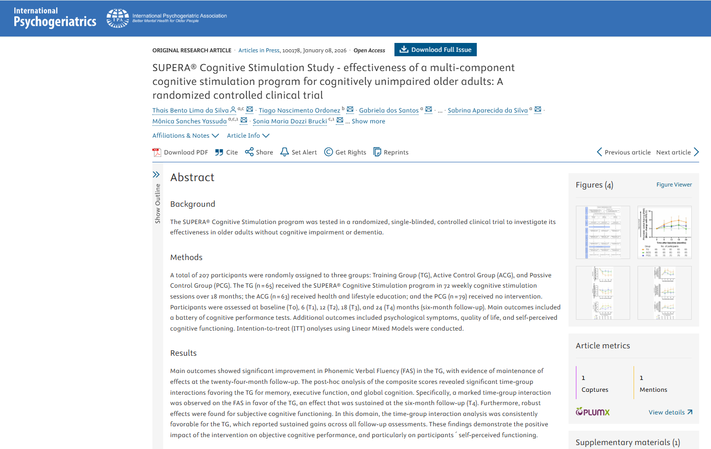 Artigo científico publicado na revista International Psychogeriatrics